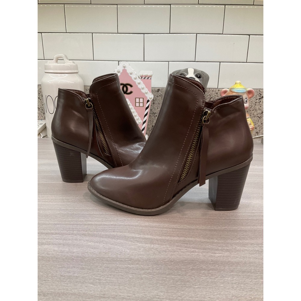 TRENDSUP BUFFY-20 STACKED‎ HEEL SIDE ZIPPER PU LEATHER BROWN ANKLE BOOTIES